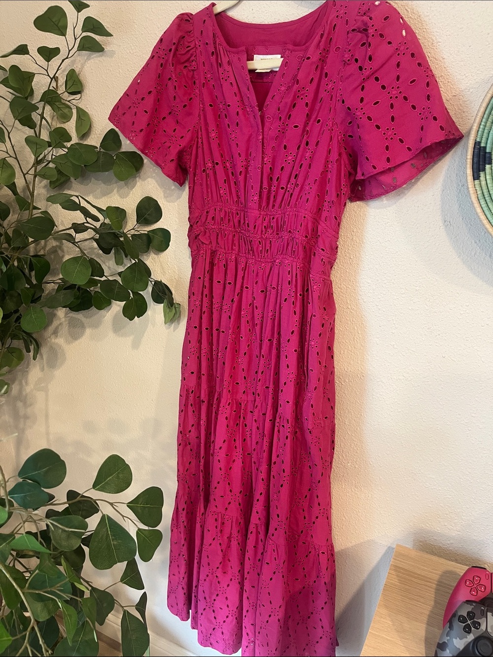 Maeve Anthropologie Fuchsia Eyelet Midi Dress with Smocked Waist xs